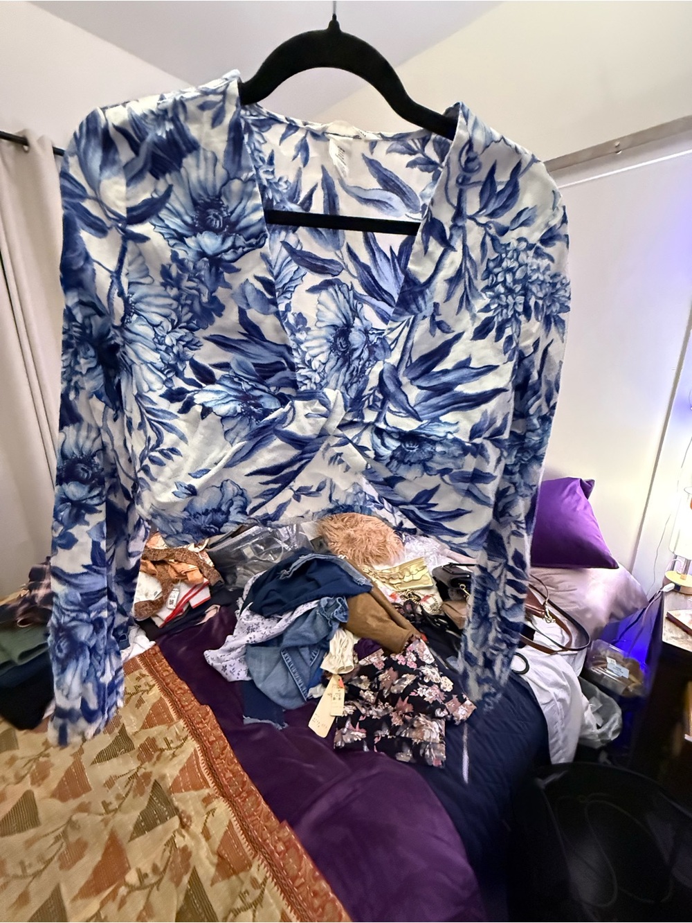 H&M Blue and White Floral V-Neck Blouse